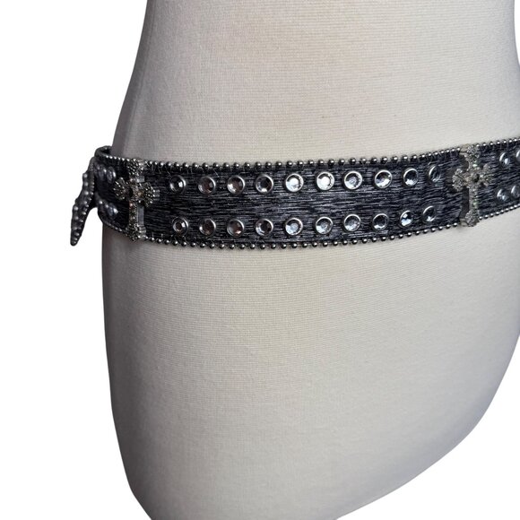 VTG Black Leather Belt Rhinestone Buckle and Crosses Witchy Goth Vampire Diaries - Picture 6 of 11